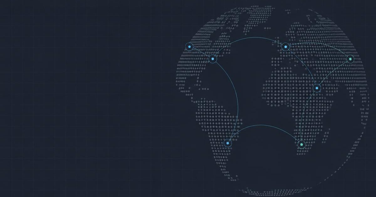 Abstract dotted globe on a dark background, with seven highlighted points joined by thin cyan arcs